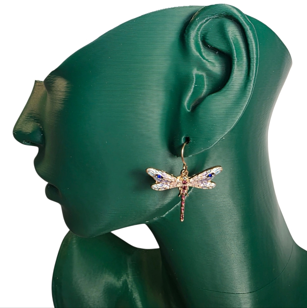 Gold Dragonfly Crystal Nouvelle Art Deco Dangle Earrings By Stauer Jewelry - Picture 2 of 6
